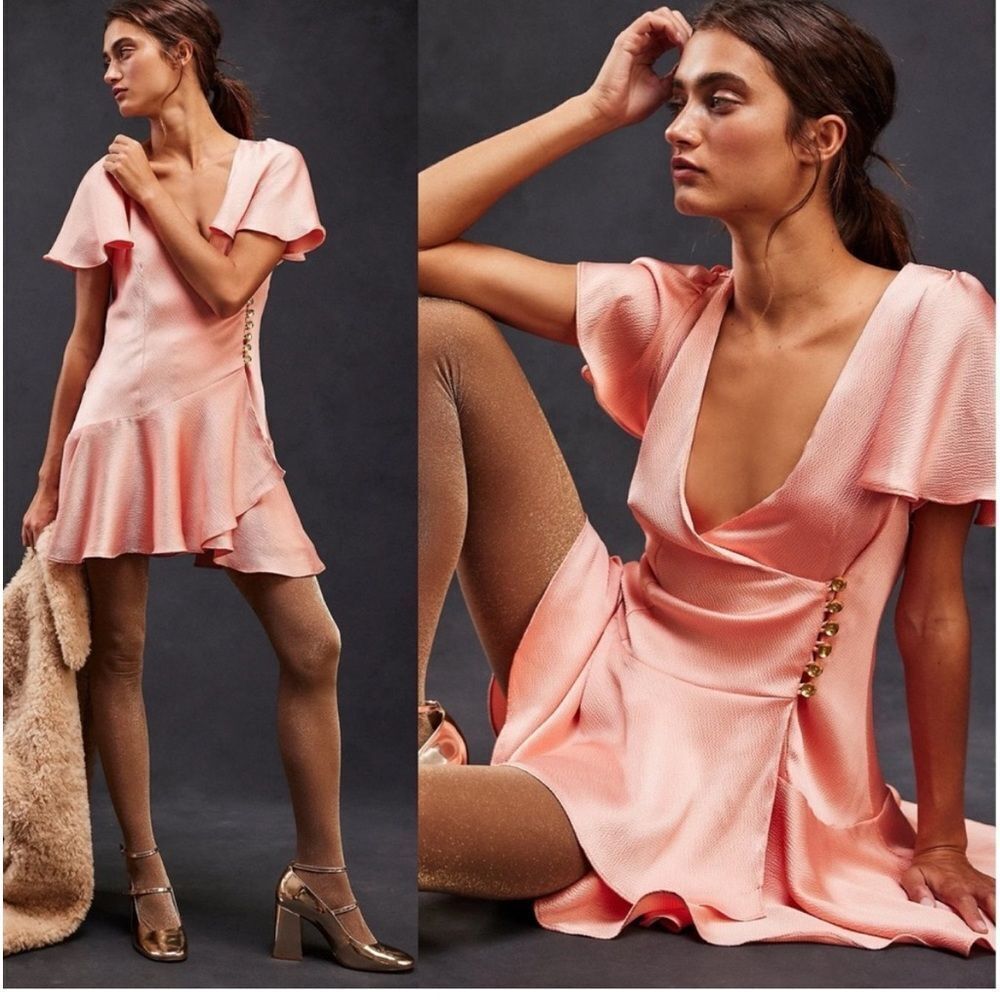 Free People Scarlett Satin Ruffle Wrap Mini Dress Peach. Size small